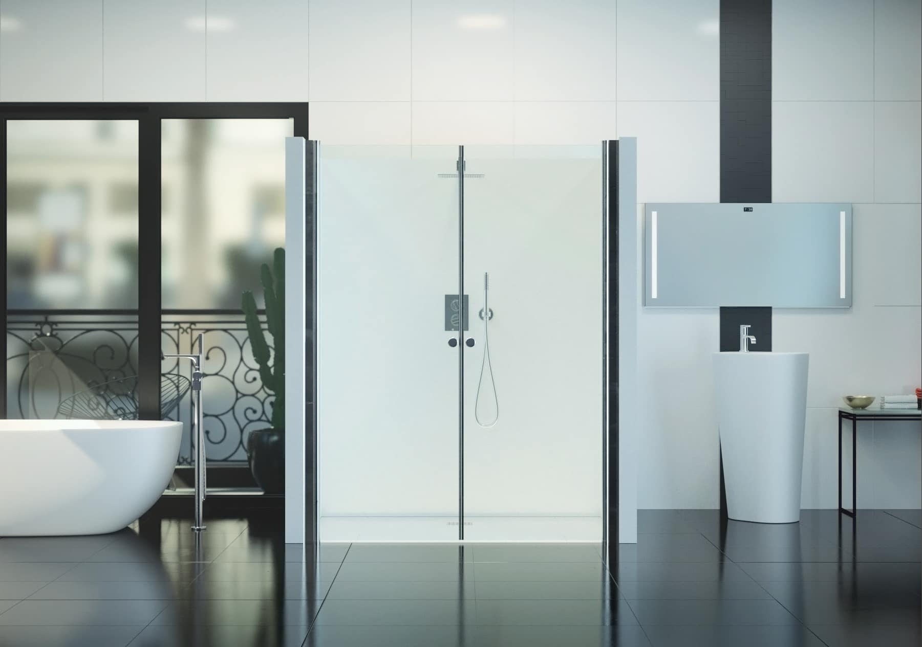 127027_Product Nischendusche in Klar mit Doppel Drehtür ESG | Nano | Breite 680-1400 mm | Höhe 1950 mm | Justiermöglichkeit +30 mm