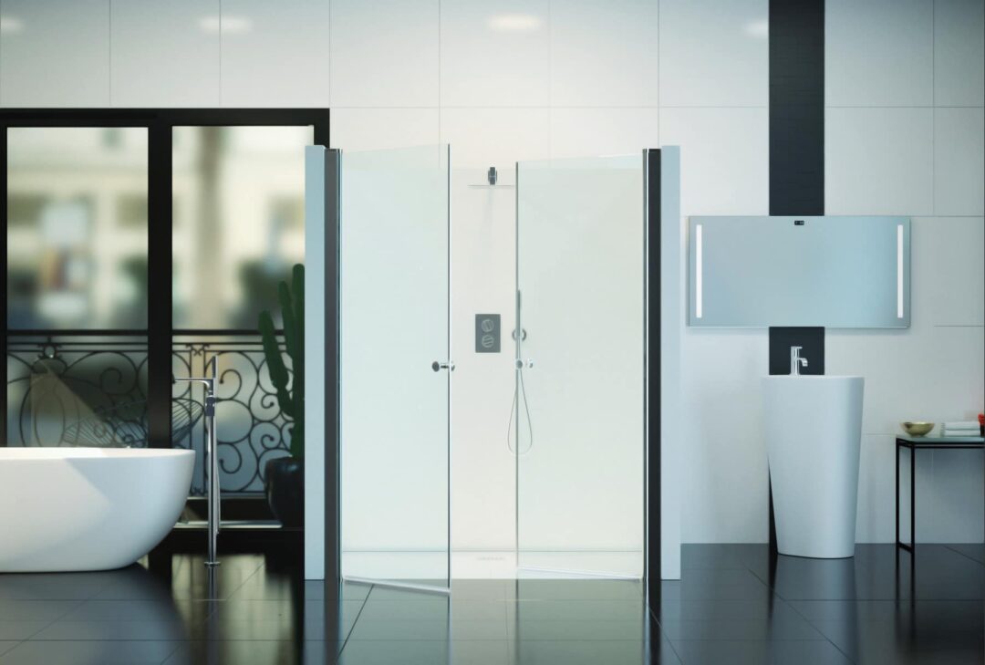 Nischendusche in Klar mit Doppel Drehtür ESG | Nano | Breite 680-1400 mm | Höhe 1950 mm | Justiermöglichkeit +30 mm