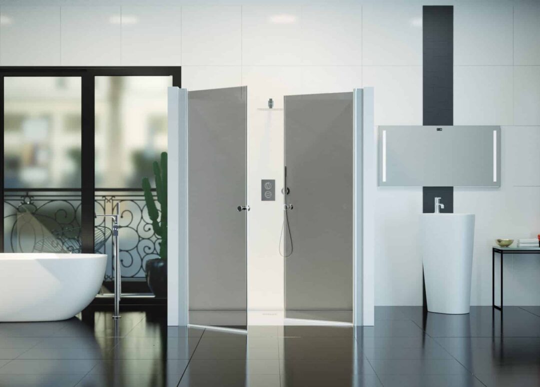 Nischendusche in Grau mit Doppel Drehtür ESG | Nano | Breite 700-1350 mm | Höhe 1950 mm | Justiermöglichkeit +50 mm