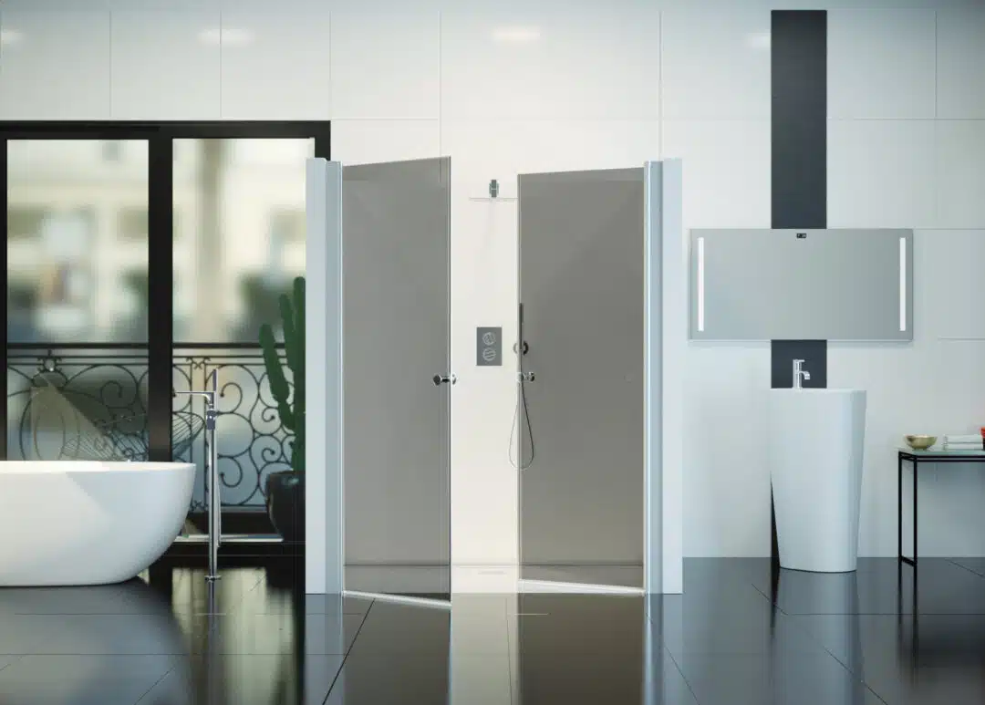 Nischendusche in Grau mit Doppel Drehtür ESG | Nano | Breite 700-1350 mm | Höhe 1950 mm | Justiermöglichkeit +50 mm