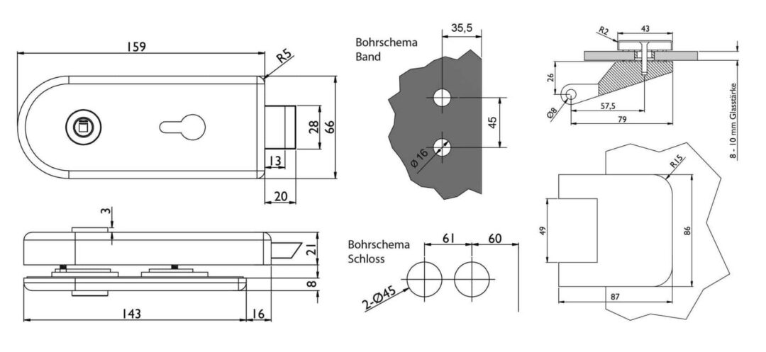Glastürbeschlag Set V in Edelstahl satiniert PZ (Zylindervorrichtung) DIN Office/Studio – Bild 2