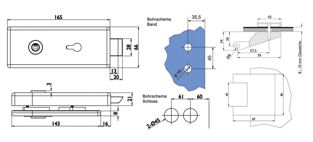 Glastürbeschlag Set P in Edelstahl satiniert PZ (Zylindervorrichtung) DIN Office/Studio – Bild 2