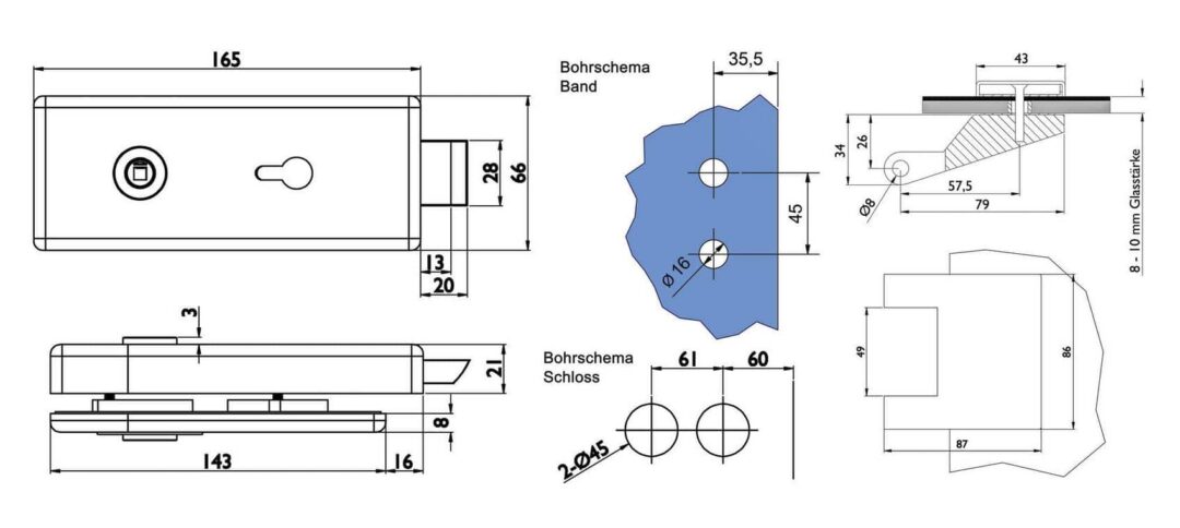 Glastürbeschlag Set P in Edelstahl satiniert Eckig PZ (Zylindervorrichtung) DIN Office/Studio – Bild 2