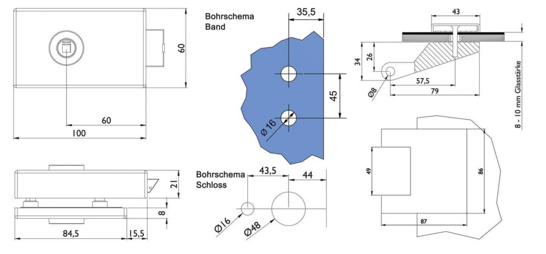 Ganzglastürbeschlag Set S in Edelstahl satiniert UV (Unverschlossen) DIN Office/Studio – Bild 2
