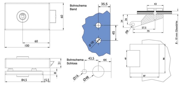 Ganzglastürbeschlag Set S in Edelstahl satiniert UV (Unverschlossen) DIN Office/Studio