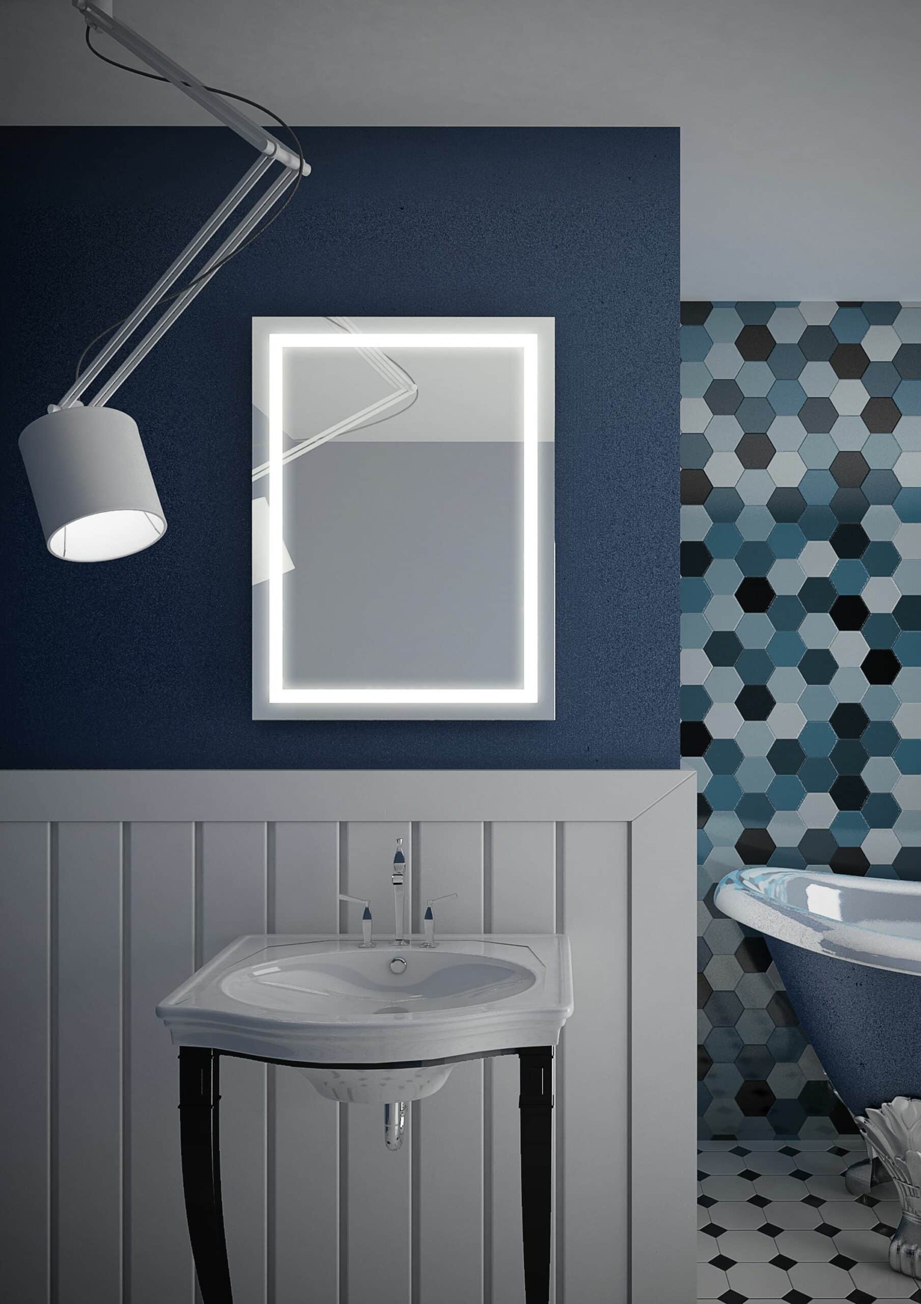 S-LED-F-ALLE-1 Focus - Rechteck mit umlaufendem Mattstreifen Wandspiegel mit LED