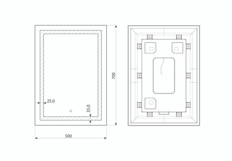 Focus Plus - Rechteck mit Berührungsschalter und umlaufendem Mattstreifen Wandspiegel mit LED, 50 x 70 cm