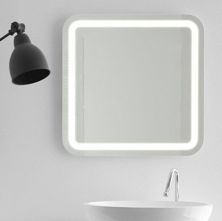 Perfect - Rechteck mit abgerundeten Ecken, umlaufend mattiertes Wandspiegel mit LED-Leuchtband