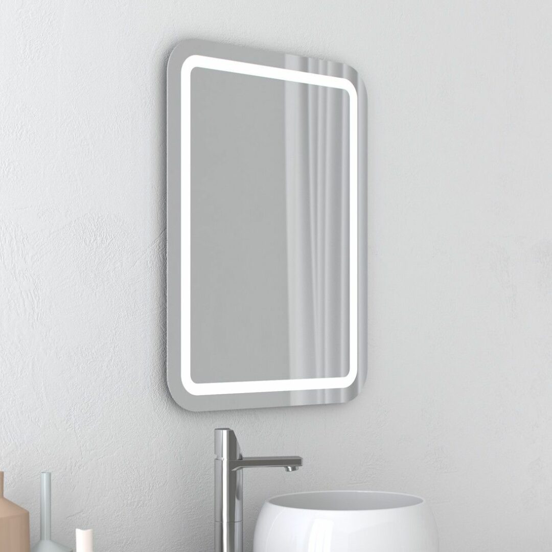 Perfect - Rechteck mit abgerundeten Ecken, umlaufend mattiertes Wandspiegel mit LED-Leuchtband