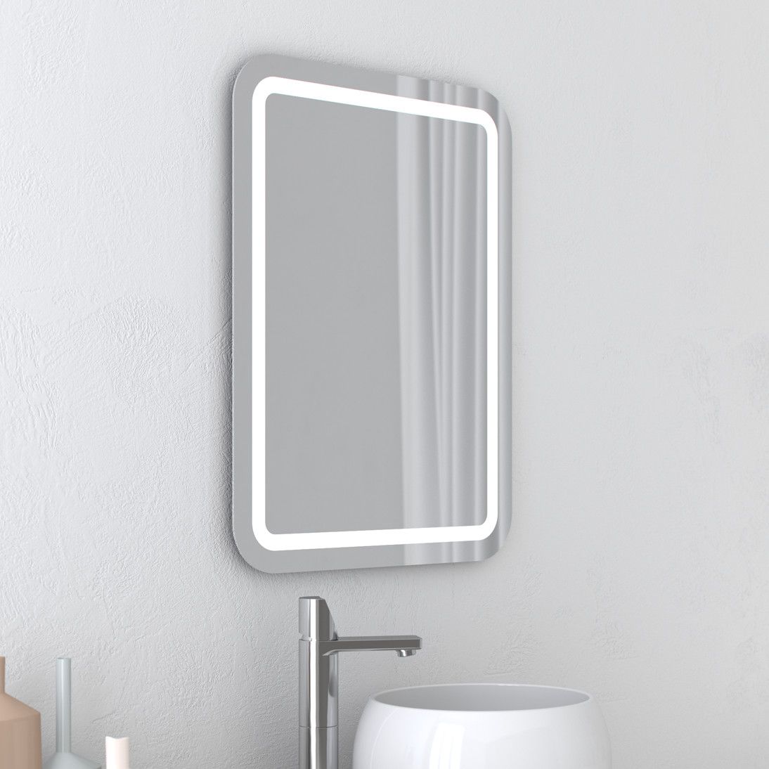 S-LED-P-ALLE-2 Perfect - Rechteck mit abgerundeten Ecken, umlaufend mattiertes Wandspiegel mit LED-Leuchtband