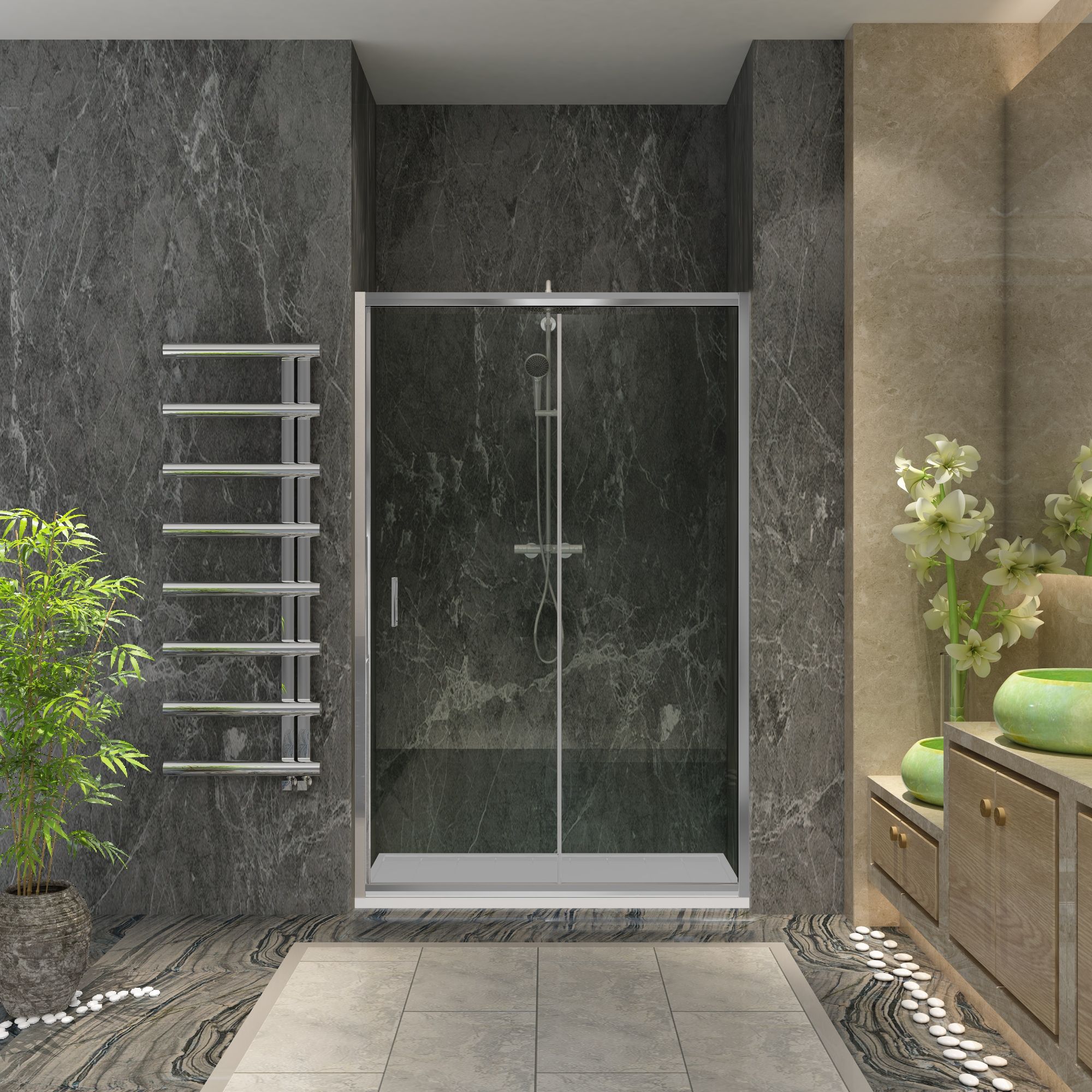 DNT-S-01-PANO-ALLE-Links Nischendusche in Klar mit Schiebetür ESG | Nano | Breite 1100-1800 mm | Höhe 1900 mm | Justiermöglichkeit +-10 mm | Rechts/Links