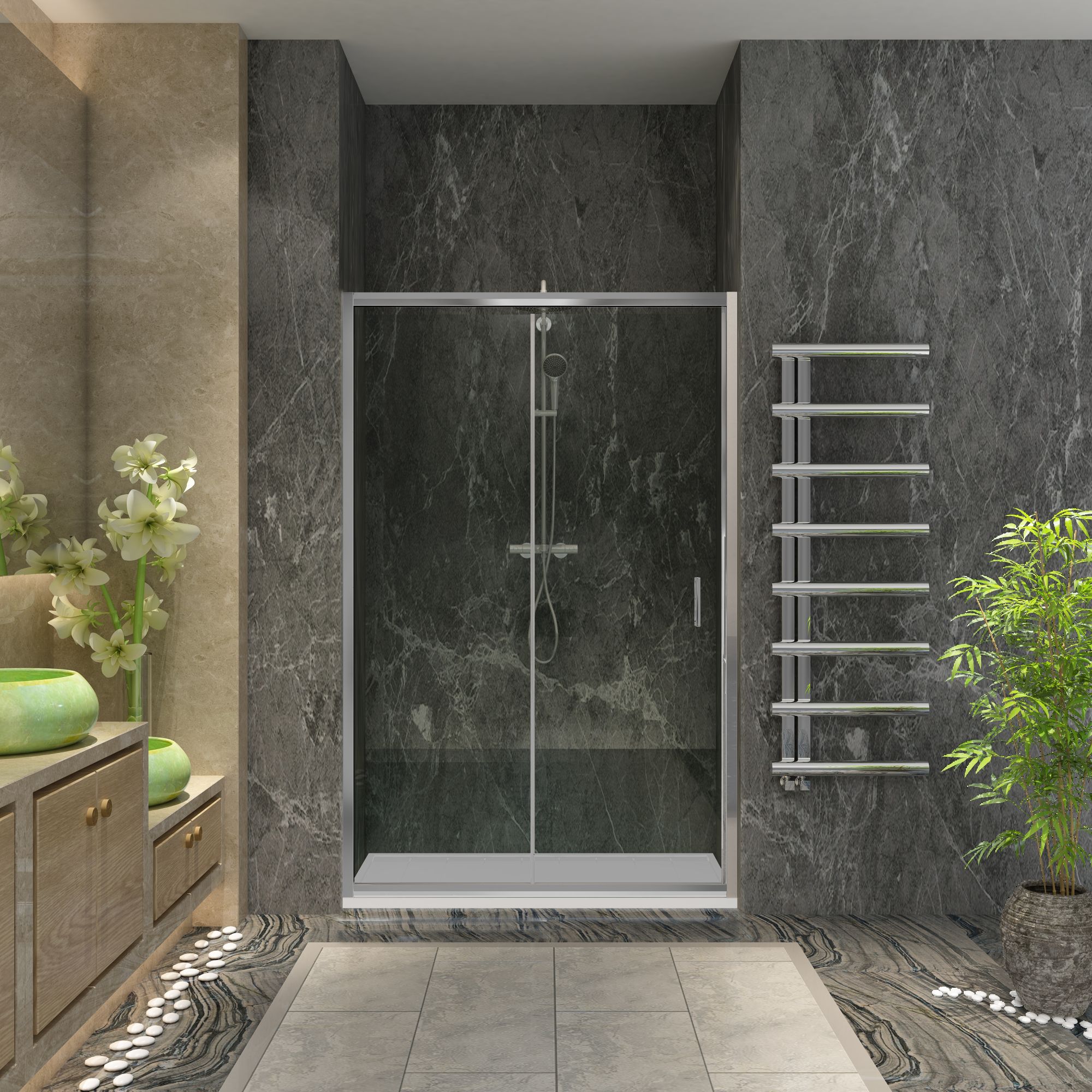 DNT-S-01-PANO-ALLE-Rechts Nischendusche in Klar mit Schiebetür ESG | Nano | Breite 1100-1800 mm | Höhe 1900 mm | Justiermöglichkeit +-10 mm | Rechts/Links