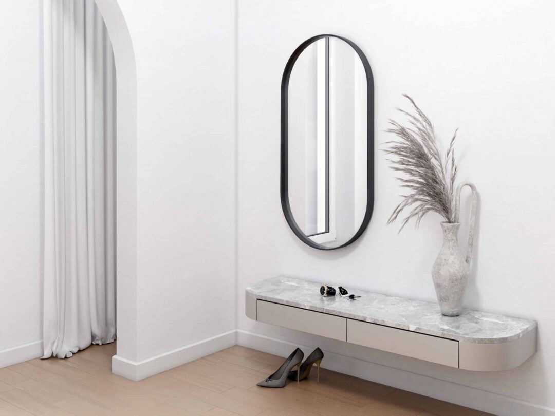Tokio Black Ovale Wandspiegel im schwarzen Rahmen aus gebürstetem Aluminium 50 x 100 cm-1