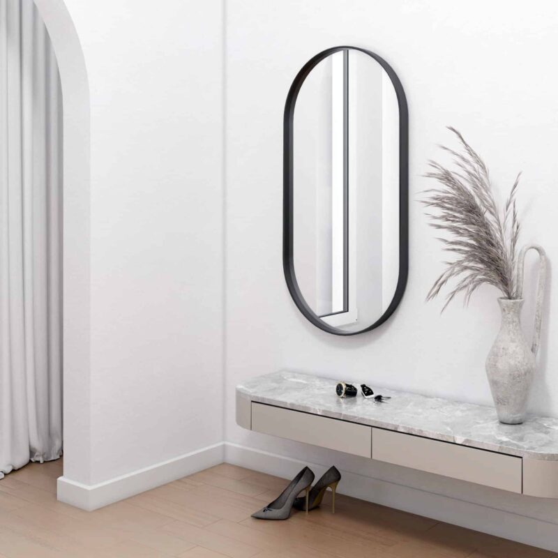 Tokio Black Ovale Wandspiegel im schwarzen Rahmen aus gebürstetem Aluminium 50 x 100 cm-1