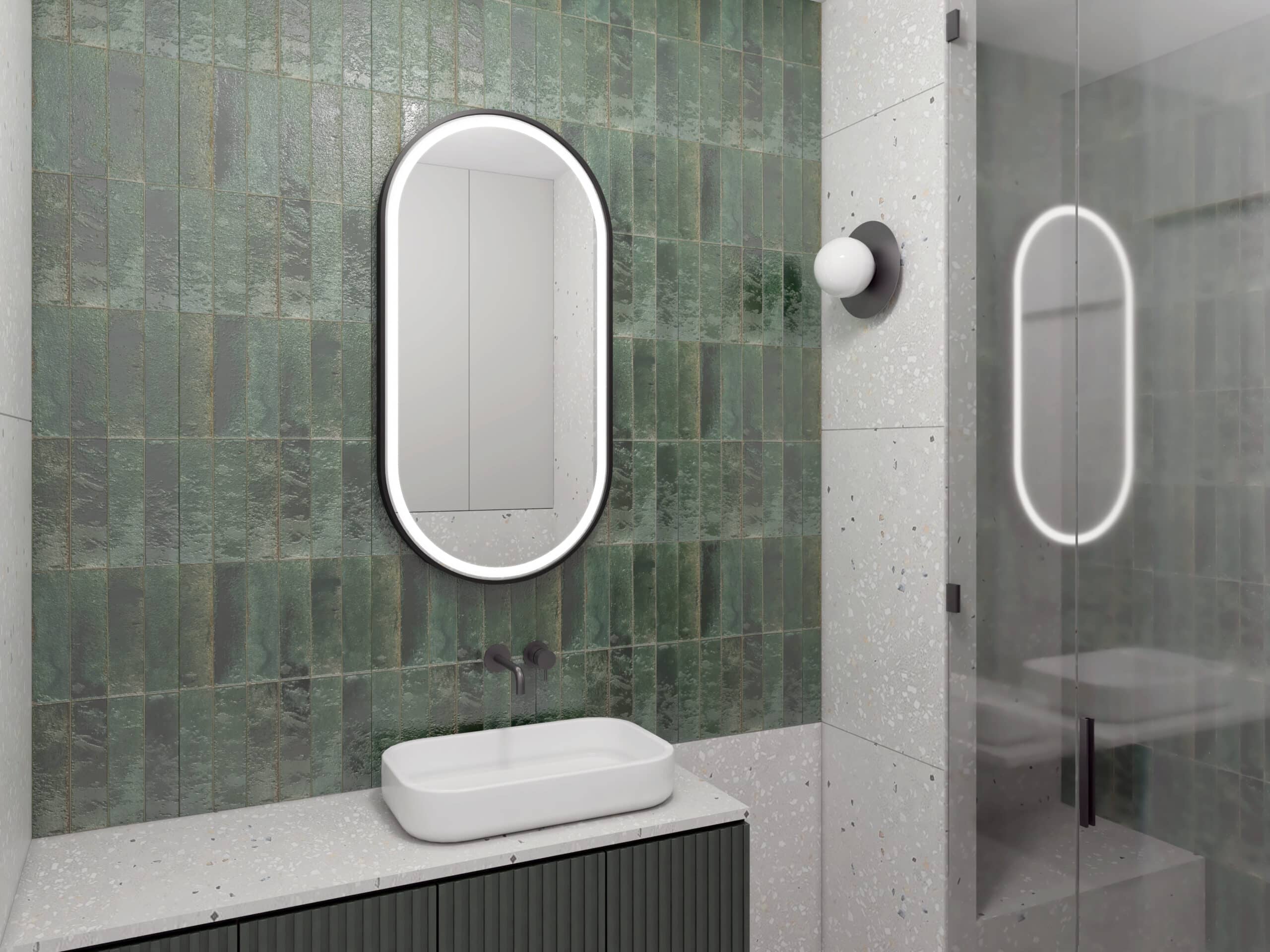 Solaris Wandspiegel in einem schwarzen Rahmen aus gebürstetem Aluminium. Sein sandgestrahlter mit LEDs beleuchtet.-1