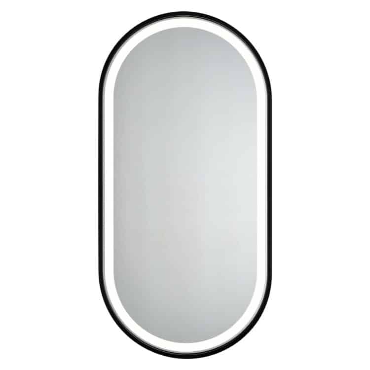 Solaris Wandspiegel in einem schwarzen Rahmen aus gebürstetem Aluminium. Sein sandgestrahlter mit LEDs beleuchtet.-3