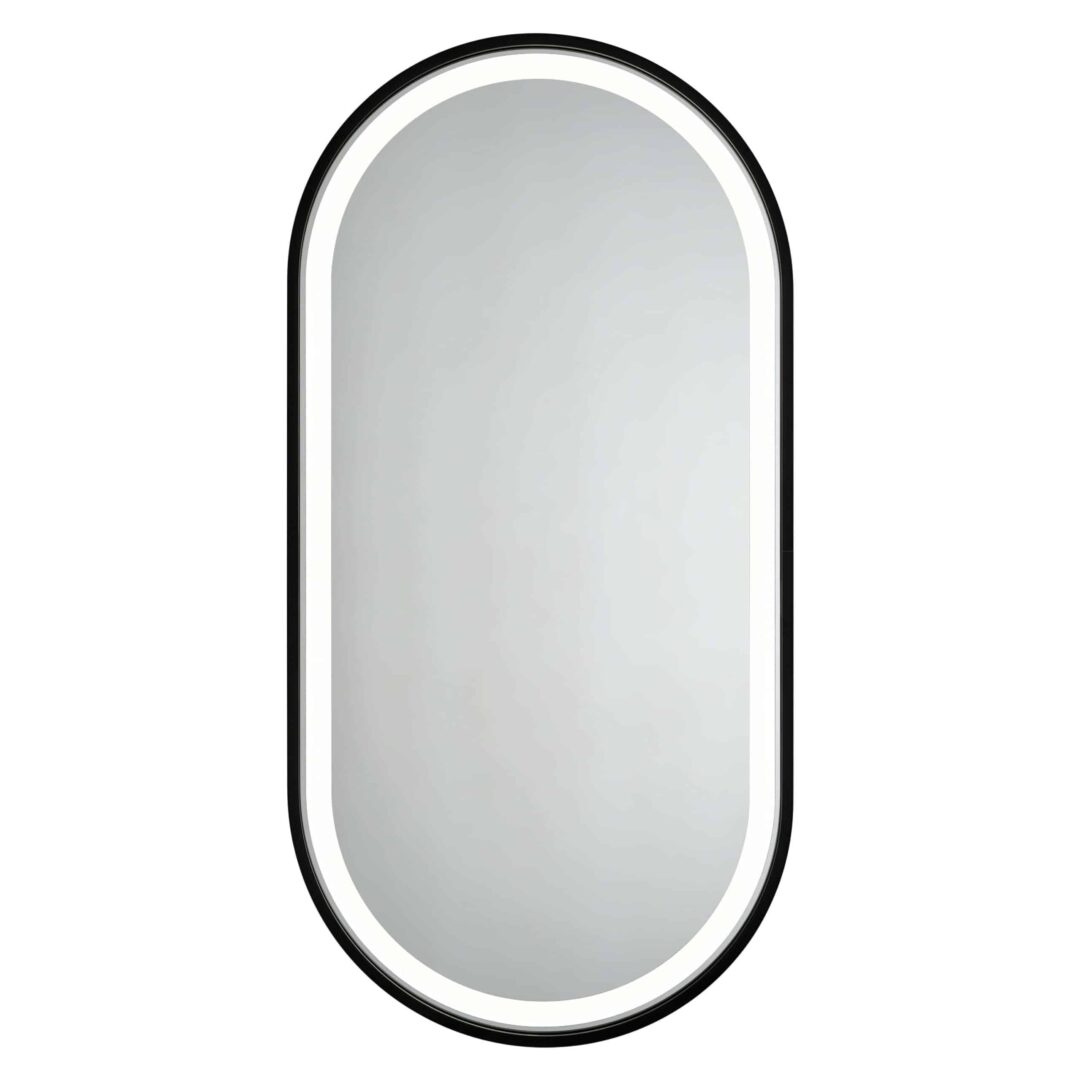 Solaris Wandspiegel in einem schwarzen Rahmen aus gebürstetem Aluminium. Sein sandgestrahlter mit LEDs beleuchtet.-3