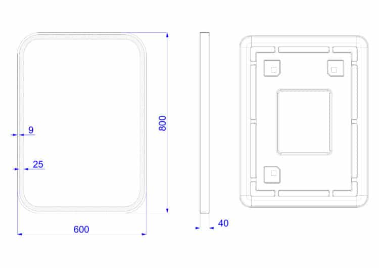 Verso - Ovale Ecken, Rechteck mit einem schwarzen Rahmen aus gebürstetem Aluminium, Wandspiegel mit LED, 60 x 80 cm