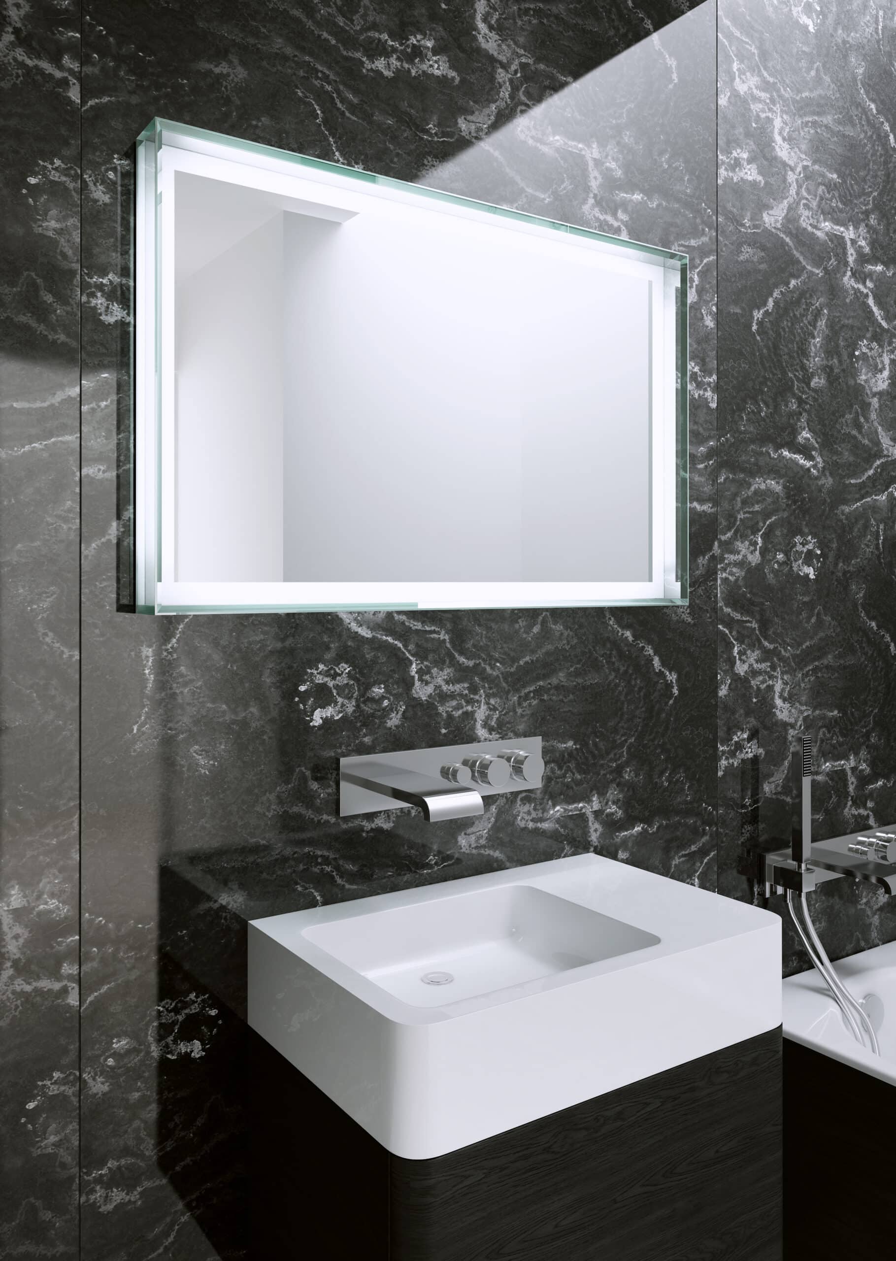 Ripasso Rechteck - Quadrat Wandspiegel Mattstreifen an der Außenfläche der Glastruhe und die seitlichen Glaswände werden durch LED-Dioden beleuchtet-1