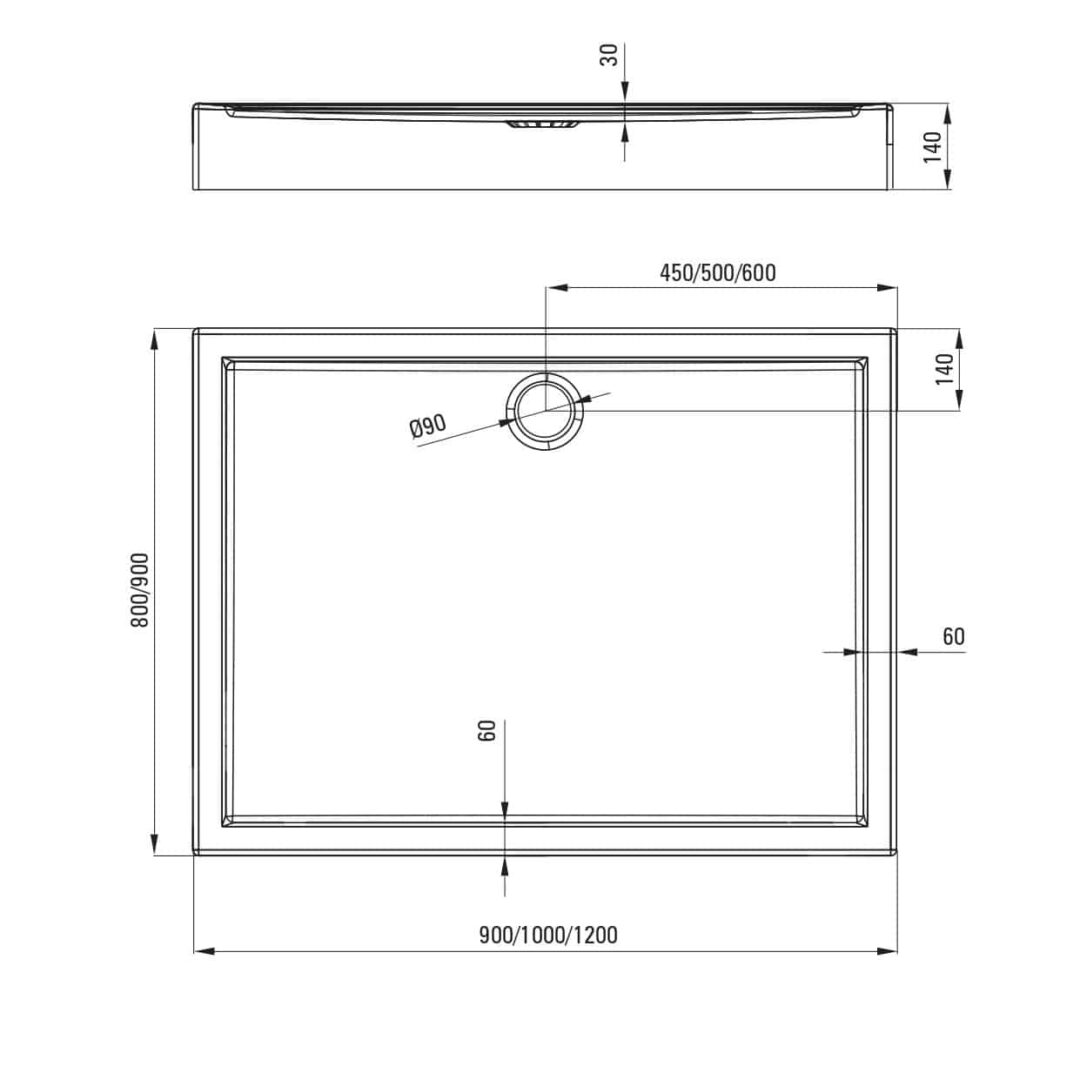 Rechteck Standard Acryl Duschwanne | Weiß Duschtasse | Breite 800-900 mm | Länge 900-1200 mm | Höhe 140 mm | mit/ohne Ablaufgarnitur