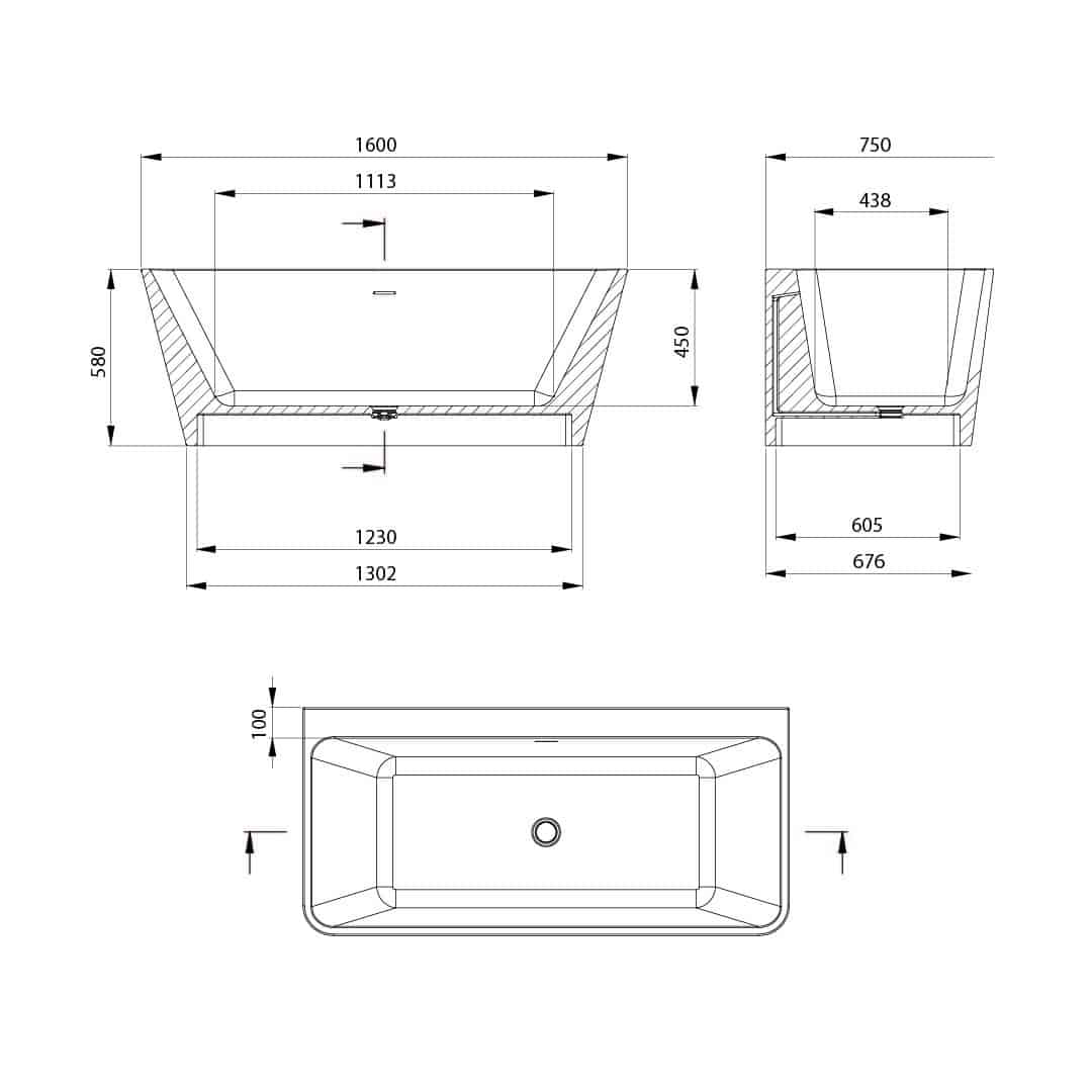 Rechteck Wandmontiert/Freistehende Badewanne | Acryl Weiβ Badewanne | Breite 750-800 mm | Länge 1600-1700 mm | Höhe 580 mm