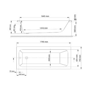 Acryl Nischeneinbau Badewanne | Weiβ Badewanne | Breite 750 mm | Länge 1800 mm | Höhe 440 mm