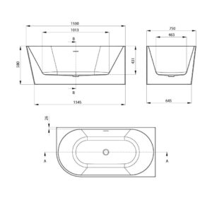Acryl Eck/Freistehende Rechts Badewanne | Weiβ Badewanne | Breite 750 mm | Länge 1500-1600 mm | Höhe 580 mm