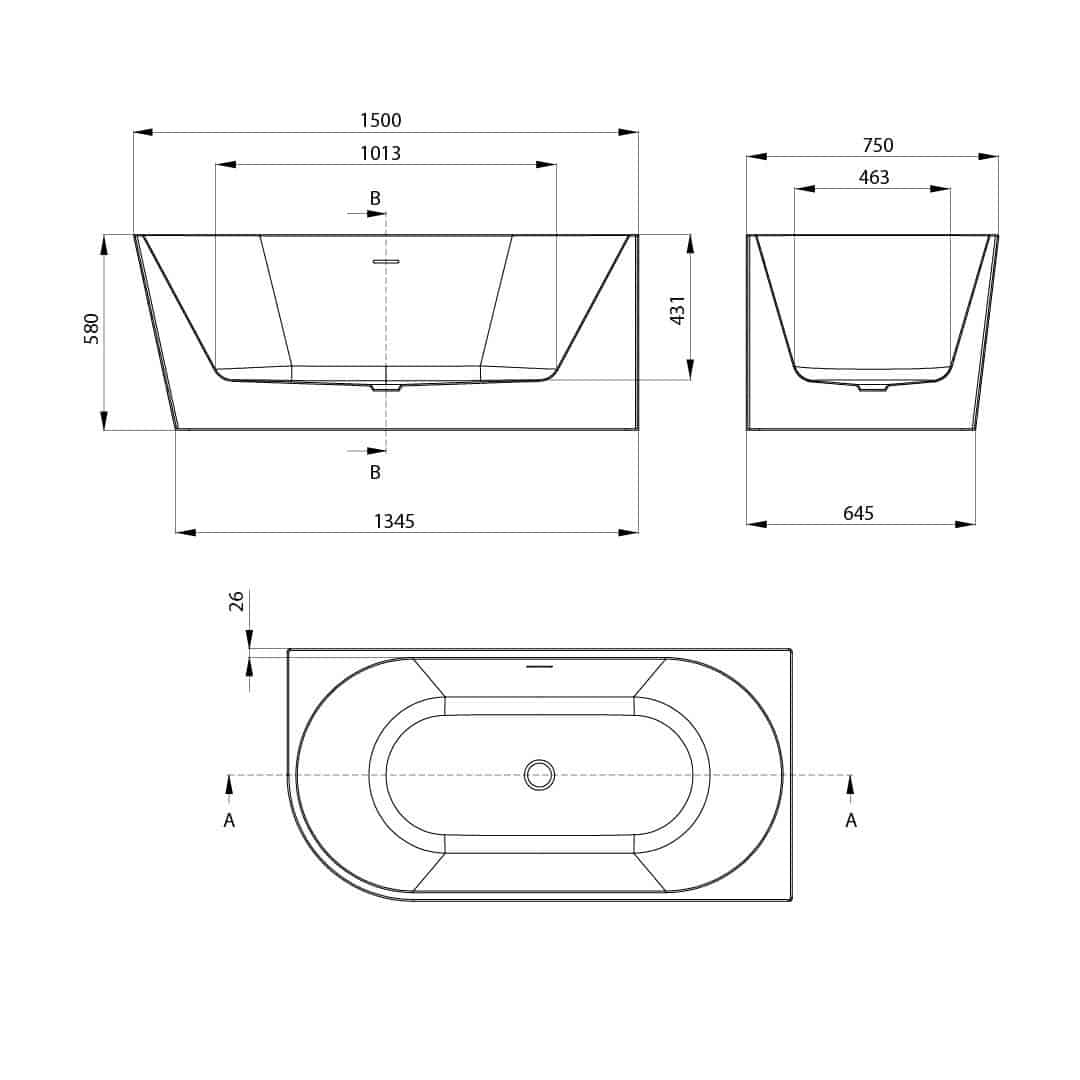 Acryl Eck/Freistehende Rechts Badewanne | Weiβ Badewanne | Breite 750 mm | Länge 1500-1600 mm | Höhe 580 mm