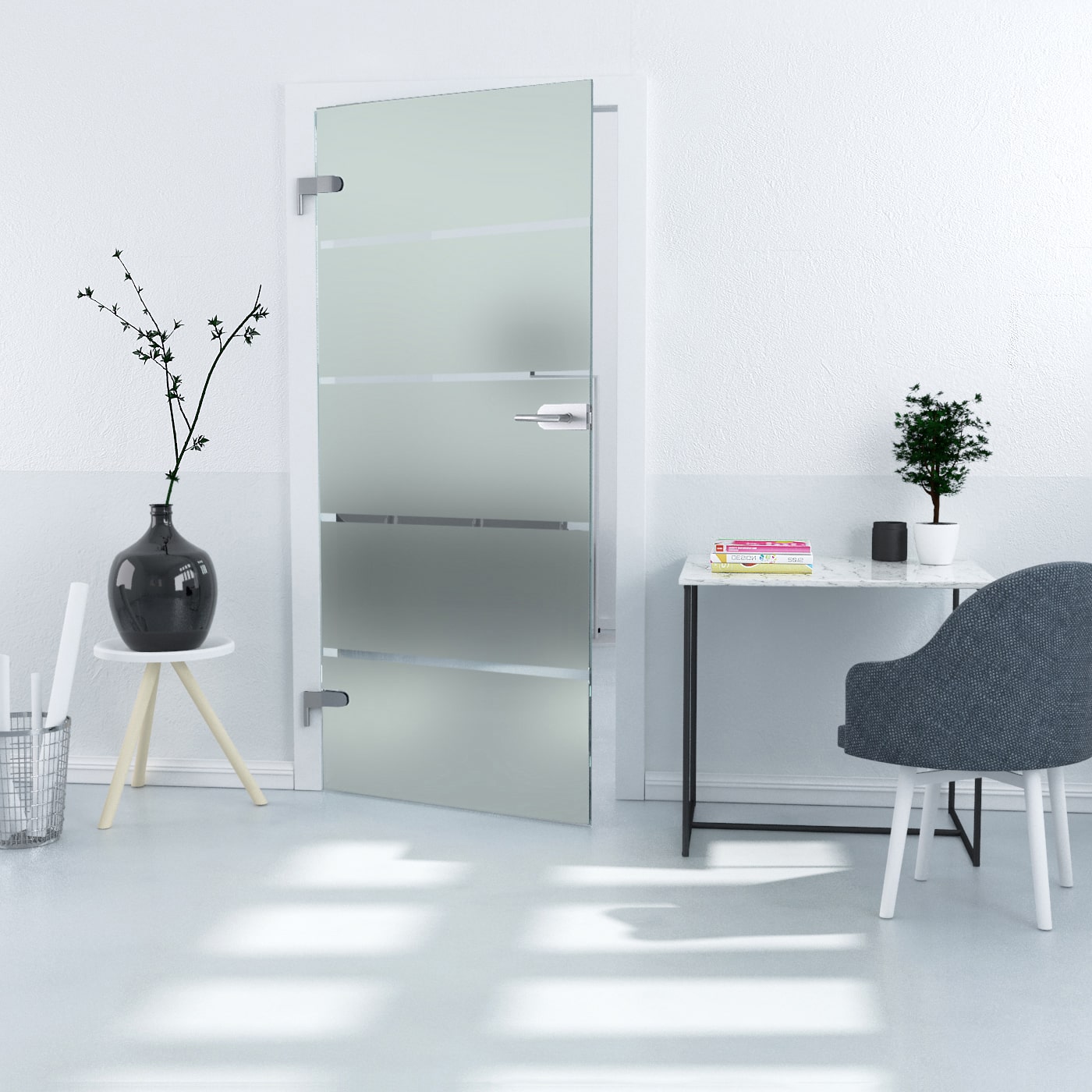 GGTB-5STR-ALLE-L Ganzglastür in 5-Streifendesign, ESG, 8mm, Kanten poliert, Studio/Studio