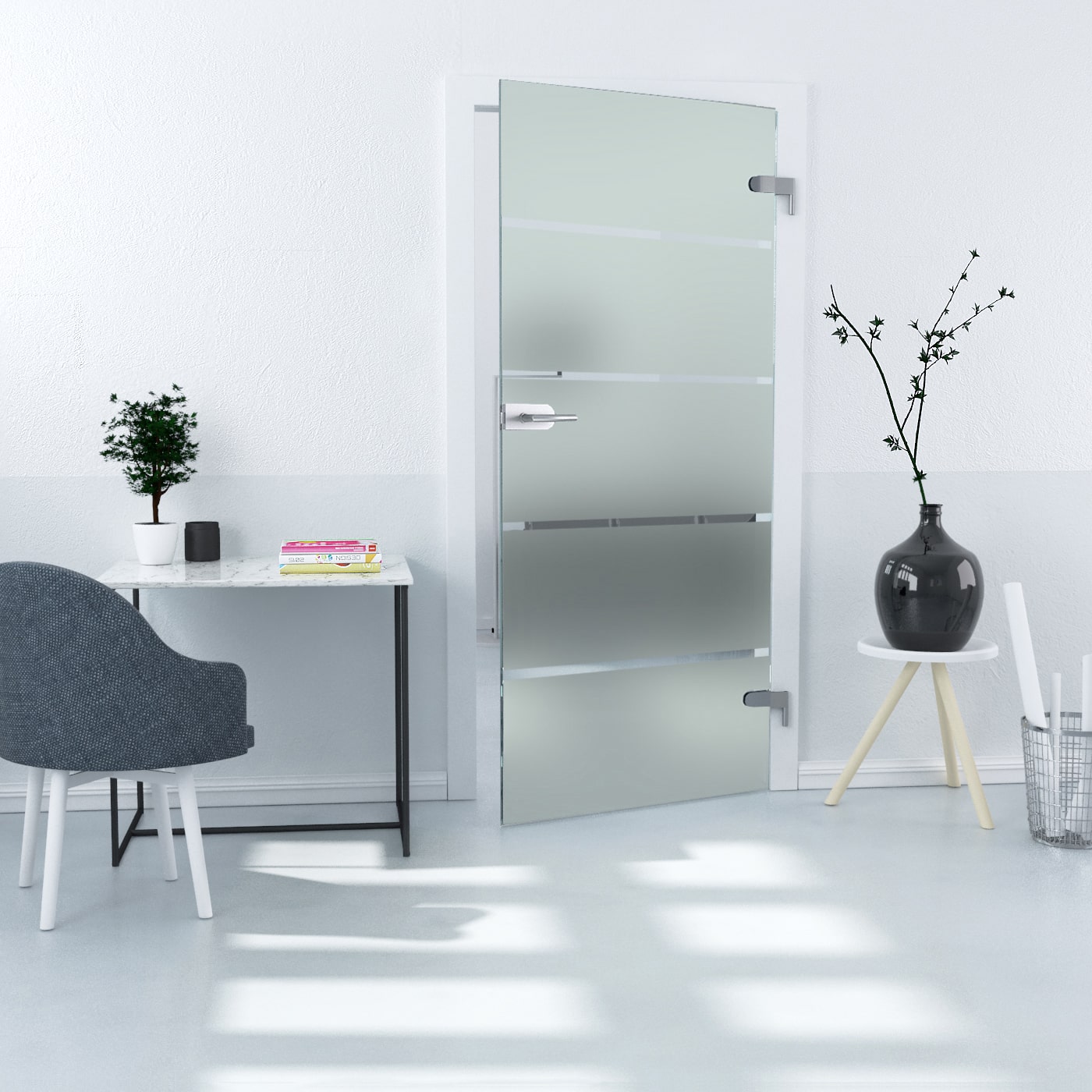 GGTB-5STR-ALLE-R Ganzglastür in 5-Streifendesign, ESG, 8mm, Kanten poliert, Studio/Studio