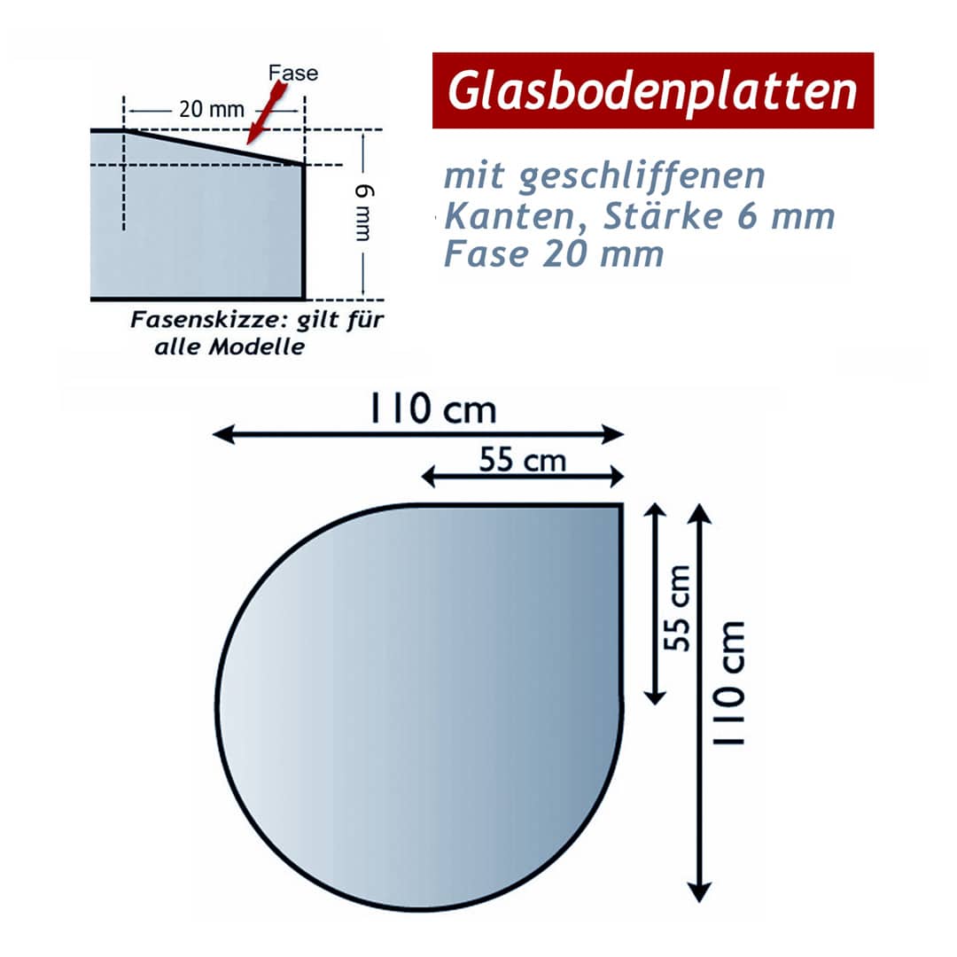 Ofenglas in Tropfen ESG mit 20mm Facettenschliff | Stärke 6 – 8mm