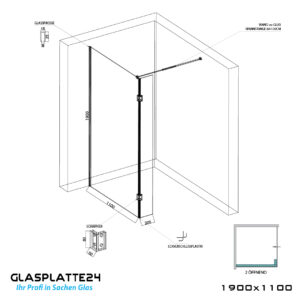 Walk in Dusche in Klar mit Feste Spritzschutz Glaswand, ESG, 6mm, Nanobeschichtung, Breite 600-1200 mm, Höhe 1900 mm